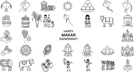 Makar Sankranti Festival Icons Set: Indian Harvest Celebration Symbols with Kites, Sun, Sugarcane, Sweets, Family, Cow, and Temple - Outline Vector Illustrations