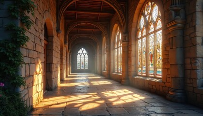Fototapeta premium Sunlit hall features stained glass windows in old castle. Light rays enter through medieval arch windows illuminating stone floor in ancient gothic corridor with wood ceiling. Interior with plant on