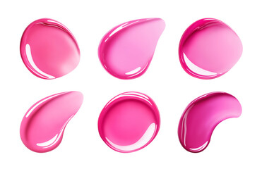 Set of glossy swatches of liquid lipstick or lip gloss, pink shades. Close-up of creamy texture with full coverage effect. Isolated element with clear even edge on transparent background