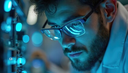 Man with glasses, beard intently examines electronic tech. Works in dark lab setting, surrounded by glowing blue lights. Engineer focuses on circuitry, complex analysis, innovation. Highlights