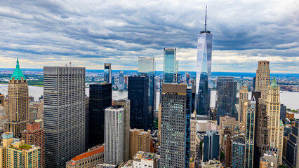 Lower Manhattan and One World Trade Center. Drone aerial photo of Lower Manhattan skyline with One World Trade Center and surrounding skyscrapers.