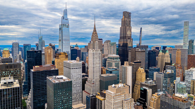 Midtown Manhattan skyline with Chrysler Building. Aerial drone photo of Midtown Manhattan skyline with the Chrysler Building and other iconic skyscrapers.