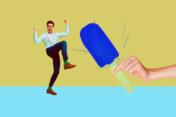 Pop art full zine photo collage of happy girl guy dance ice cream hand hold stick frozen juice summer dessert nutrition taste