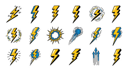 Collection of cartoon lightning bolts with blue highlights and black outlines on a white background