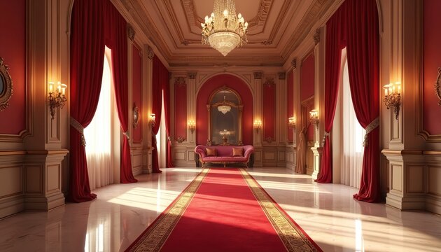 Opulent hall interior design features red carpet, luxury decor. Room interior decorated with vintage chandelier, expensive furniture. Interior suitable for hotels, palaces. Ideal for royal themes.
