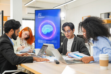 Male and female business experts gather in a bright open workspace, discussing creative strategies and leveraging AI virtual assistants with big data integration to boost collaboration, problem solve