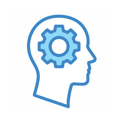 Blue outline of a human head with a gear inside representing thought process