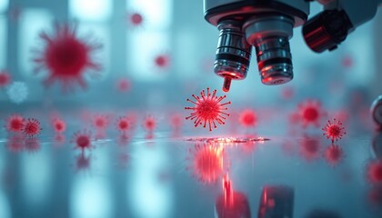 Microscope analyzes red virus particles in clean lab. Science research studies microscopic infectious disease. Medical health care discovery, diagnosis, treatment innovation.