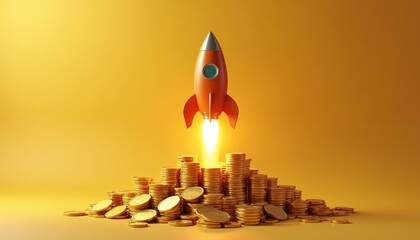 Orange rocket launches from pile of gold coins on yellow background. Business startup concept. Financial growth and investment idea. Coin stacks represent wealth and success.