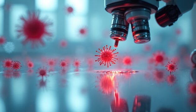 Microscope analyzes red virus particles in clean lab. Science research studies microscopic infectious disease. Medical health care discovery, diagnosis, treatment innovation.