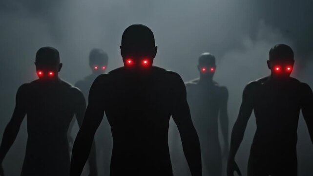A menacing group of zombie-like figures with glowing red eyes emerges from the dark fog representing a terrifying threat from a horror or science fiction movie