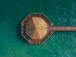 An aerial view of a hexagonal wooden pier extending into vibrant turquoise waters, showcasing its geometric design and surrounding natural beauty.