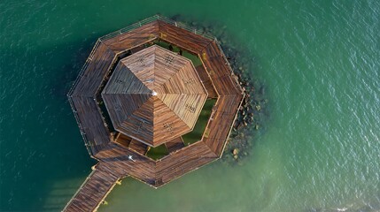 Aerial view of a hexagonal wooden pavilion with a conical roof, situated on a calm body of water surrounded by rocks.