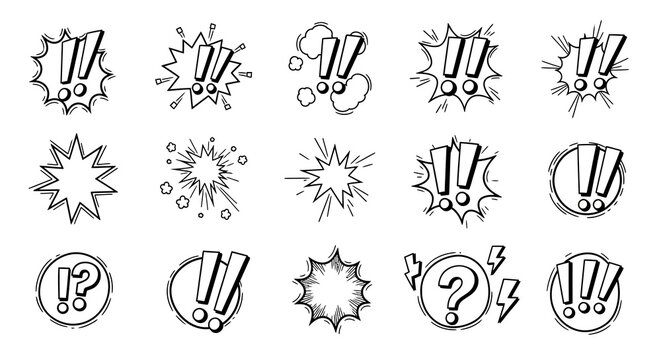 Comicstyle drawings of exclamation points question marks and bursts