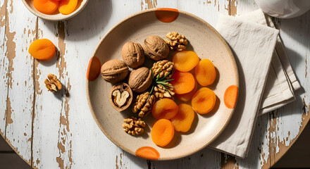 Healthy walnuts and apricots on a plate placed on a rustic white washed wooden table