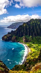 Obraz premium Coastal landscape of majestic cliffs meeting ocean. Lush greenery and blue waters framed by sky and white clouds. Perfect for travel