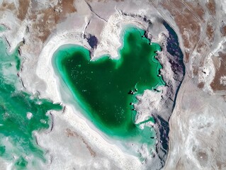 Aerial View of a Heart-Shaped Salt Lake with Vibrant Green Waters Surrounded by White Mineral Deposits