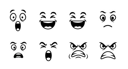 Eight cartoon faces depict diverse emotions surprise joy sadness and anger