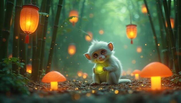 Small white monkey sits in mystical bamboo forest holding glowing orb. Orange lanterns and bioluminescent mushrooms illuminate lush green environment. Curious creature with wide eyes gazes forward.