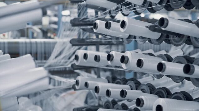 Operation of a flat-slot extruder in the production of polypropylene bags.