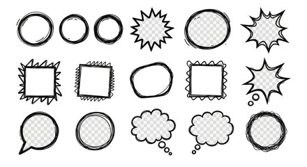 Fifteen cartoonstyle frames and bubbles with thick handdrawn outlines