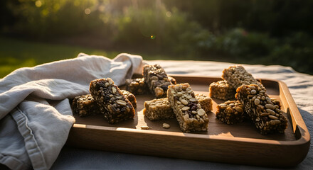 Healthy granola bars on a wooden tray with a cloth in natural light for picnic