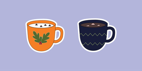 Two illustrated mugs with drinks on purple background isolated on white background