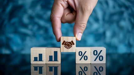 Hand places deal icon on blocks showing financial growth and percentages