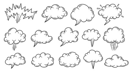 Handdrawn comic speech bubbles and explosions in black and white