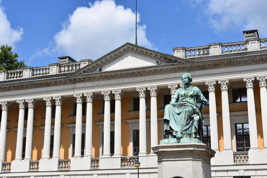 Raczynski Library and Hygieia goddess statue in Poznan town, Poland, historical landmark
