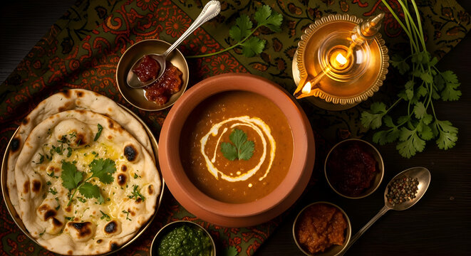 Indian cuisine bowl and naan bread with spices and an oil lamp on a dark theme