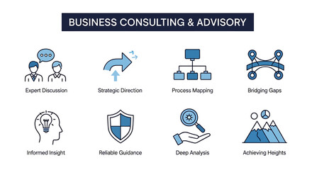 Fototapeta premium Eight icons illustrating business consulting and advisory services under a dark blue banner