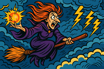 Fototapeta premium Icon comic wildly riding through broomstick storm flying clouds sorceress vector hair