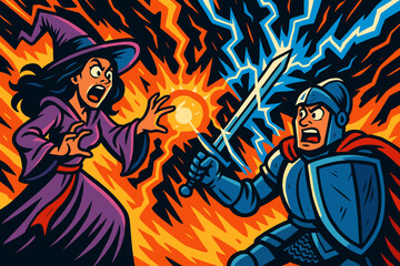Sorceress knight blasts vector vs filling exaggerated comic energy icon scene between