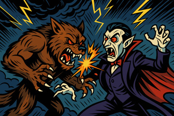 Lines werewolf icon battling vampire comic skies flying vs vector sparks under