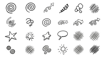 Sketchstyle drawing features spirals arrows stars speech bubble splatters and circular textures in a gridlike arrangement