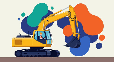 Naklejka premium Construction excavator with worker in safety gear on a job site Building and industry concept