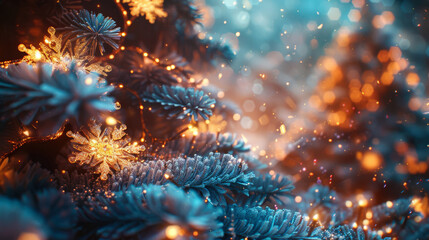 Fototapeta premium Snow-covered spruce branch of Christmas tree and snowflakes against background of blurred lights. For winter holiday designs, greeting cards, banners, seasonal backgrounds. Copy space.