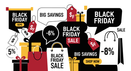 Black Friday sale background with shopping elements discounts and big savings offers