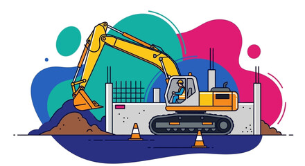 Excavator on a construction site with worker Building foundation industrial development infrastructure concept