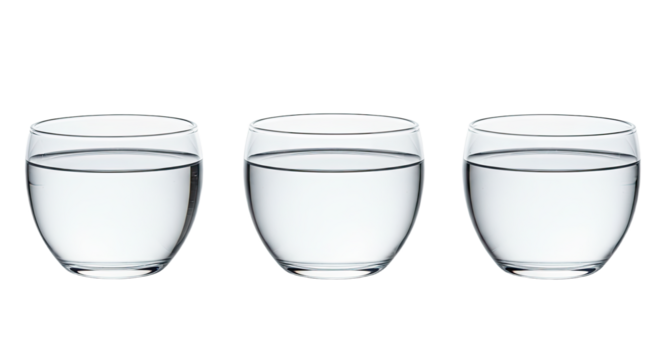 Three clear glasses filled with water on white background, minimalist concept for hydration, refreshment, or health lifestyle