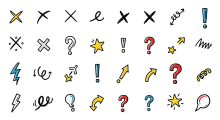 Various handdrawn doodles including symbols like crosses stars question marks arrows and exclamation points scattered on a white background