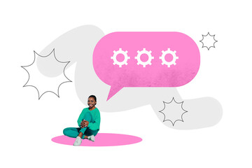 Banner image pop artwork 3d photo collage of happy girl sit bubble gearwheel optimization chatterbox speech icon correspondence