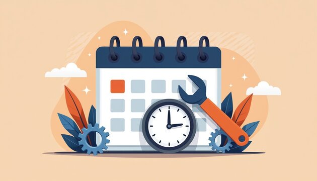 Calendar flat illustration with clock wrench, cogwheel. Image about maintenance scheduling events repair, project time management. Concept for business marketing mobile app banner. Planning concept.