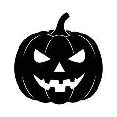 Spooky black halloween jack-o'-lantern silhouette icon face with glowing eyes and grinning mouth simple graphic element for autumn holiday celebration isolated on white background