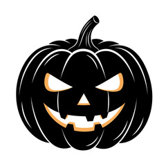 Spooky black halloween jack o lantern pumpkin with glowing eyes and grinning mouth evokes holiday fear and festive fun isolated on white background