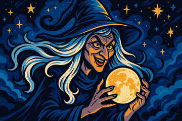 Moonwitch enchanted stars s orb sky surrounded night icon holding flowing vector