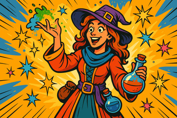 Into air vector sparkle icon magical alchemist tossing magic comic vibrant outfit