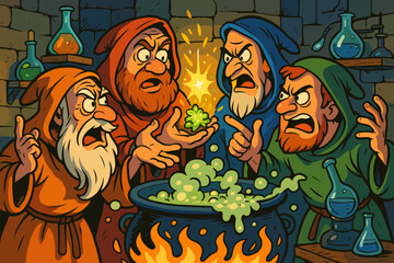 Glowing comedic as over vector bubbles humorously alchemists icon arguing ingredients debate