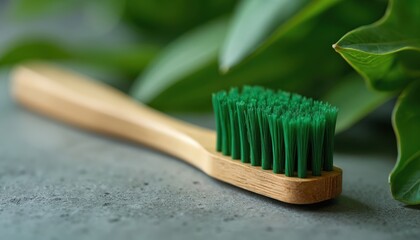 Close up on bamboo toothbrush with green bristles near plant leaf. Wooden brush for eco oral hygiene, dental care and cleaning teeth. Go green products concept for eco friendly lifestyle.